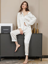 [Blanc] SilkSilky-FR Long Sleeve Lapel Collar Femme Pyjamas 001