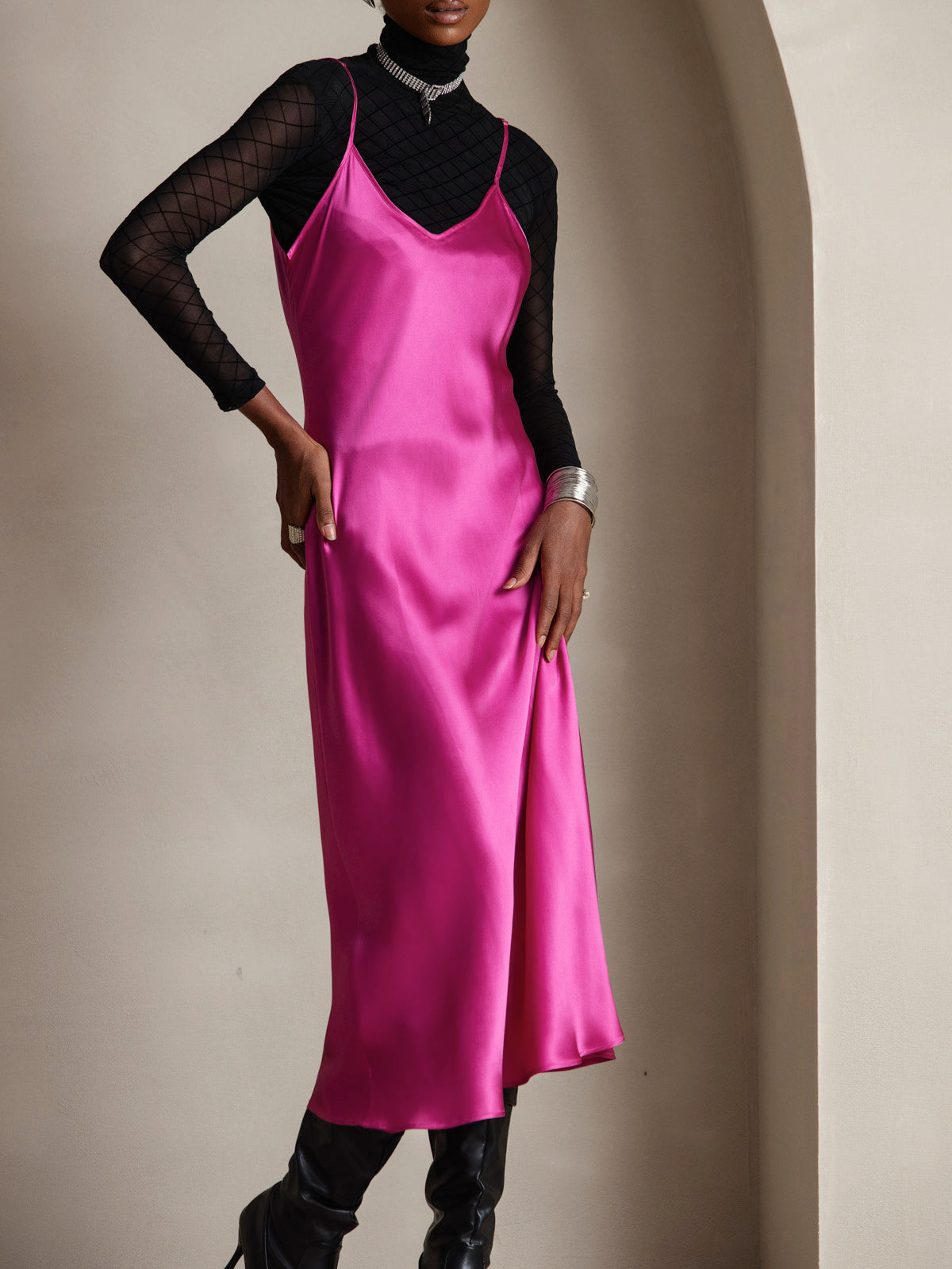 [Rose Rouge] SilkSilky-FR Pure Soie Col Rond Robes 006