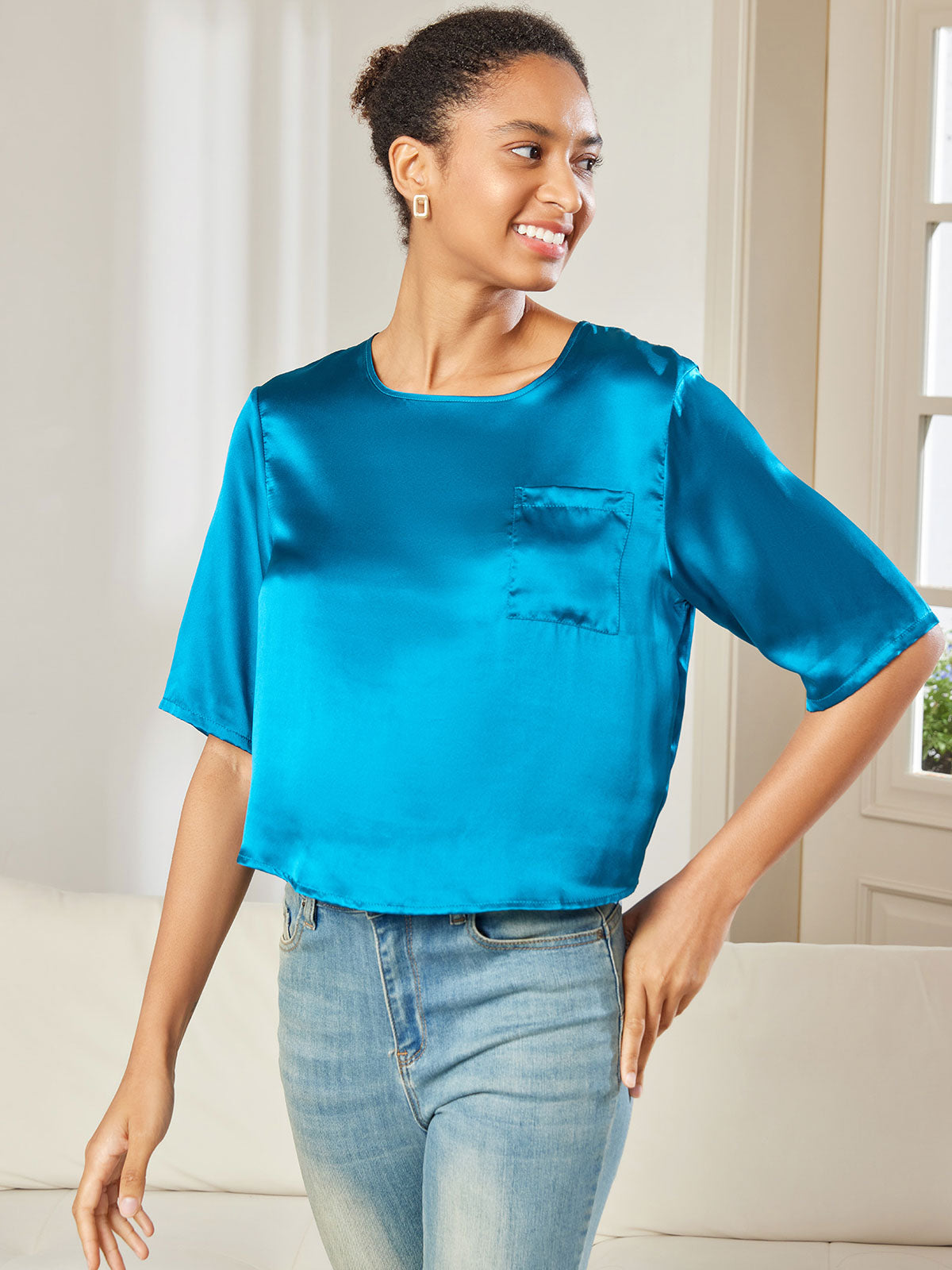 [Bleu Royal] SilkSilky-FR Pure Soie Manches mi-longues Col Bateau Femme T-Shirt 003