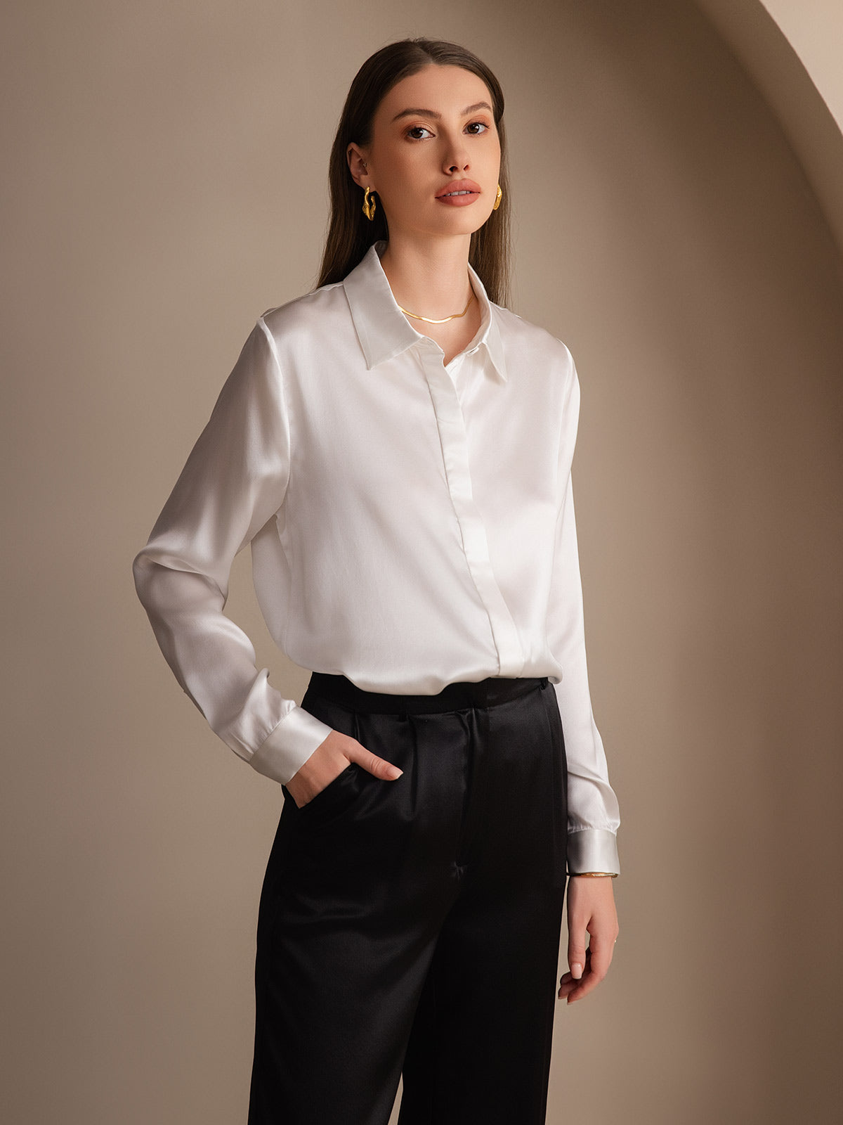[Blanc] SilkSilky-FR 19Momme Soie Lapel Collar Femme Chemise 003