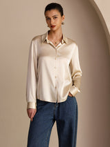 [Beige Riz] SilkSilky-FR Long Sleeve Lapel Collar Femme Chemise 001