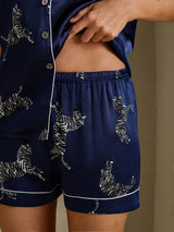 [Zèbre Bleu Marine] SilkSilky-FR Short Sleeve Lapel Collar Femme Pyjamas 005