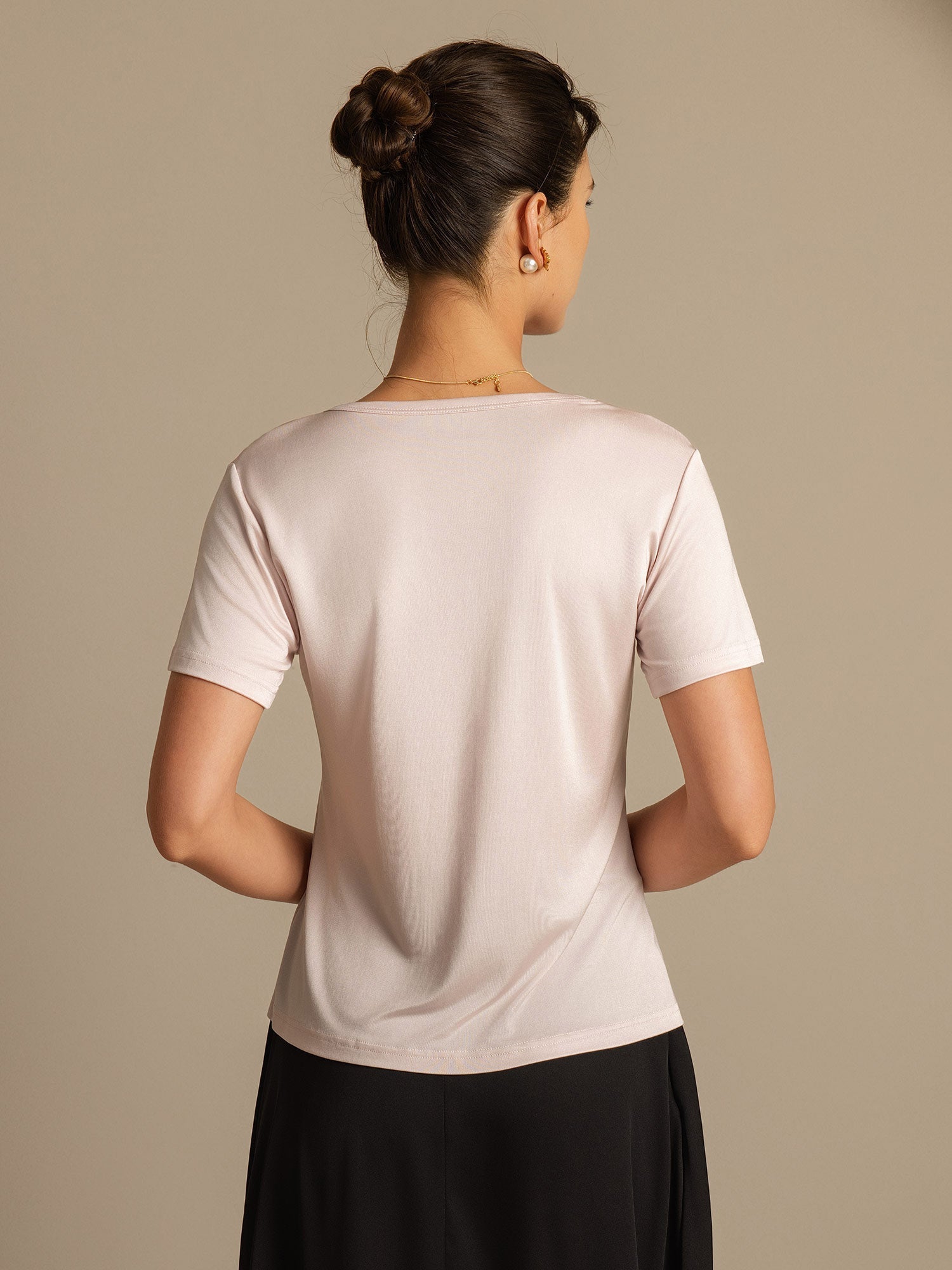 [Rose Clair] SilkSilky-FR Soie Tricotée Col Rond Femme T-Shirt 002,