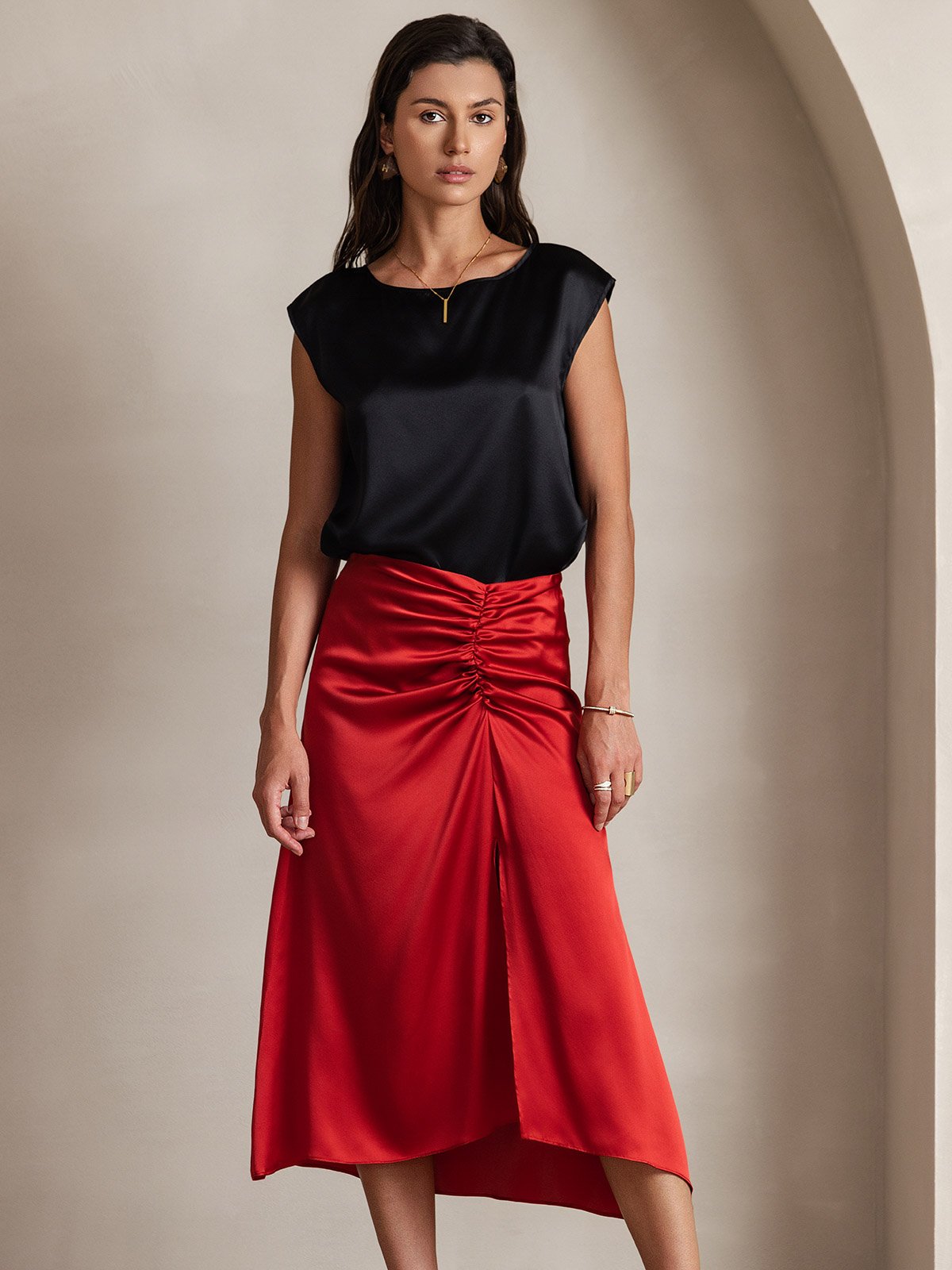 [Noir] SilkSilky-FR 19Momme Soie Col Rond Femme T-Shirt 003