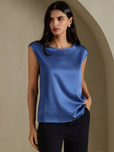 [Bleu Canard Véritable] SilkSilky-FR Cap Sleeve Round Neck Femme T-Shirt 003