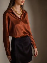 [Caramel] SilkSilky-FR Long Sleeve Lapel Collar Femme Chemise 001