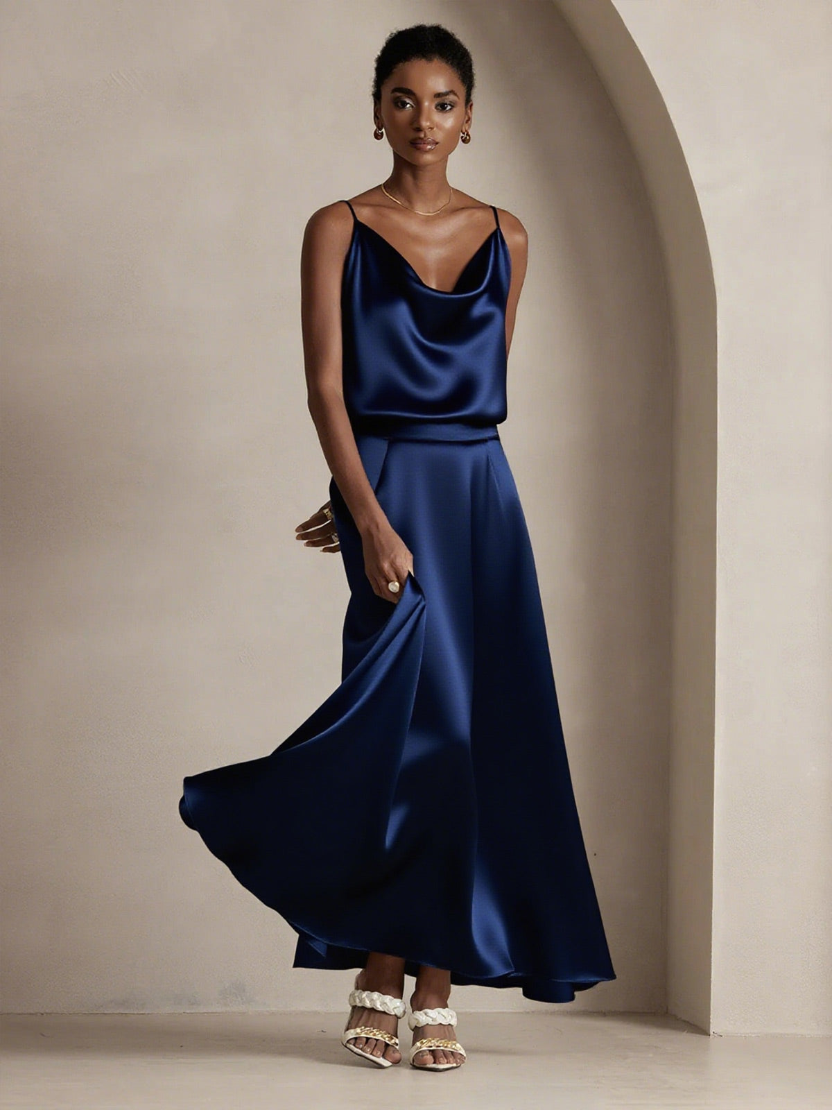 [Bleu Foncé] SilkSilky-FR 19Momme Soie Skirt 003