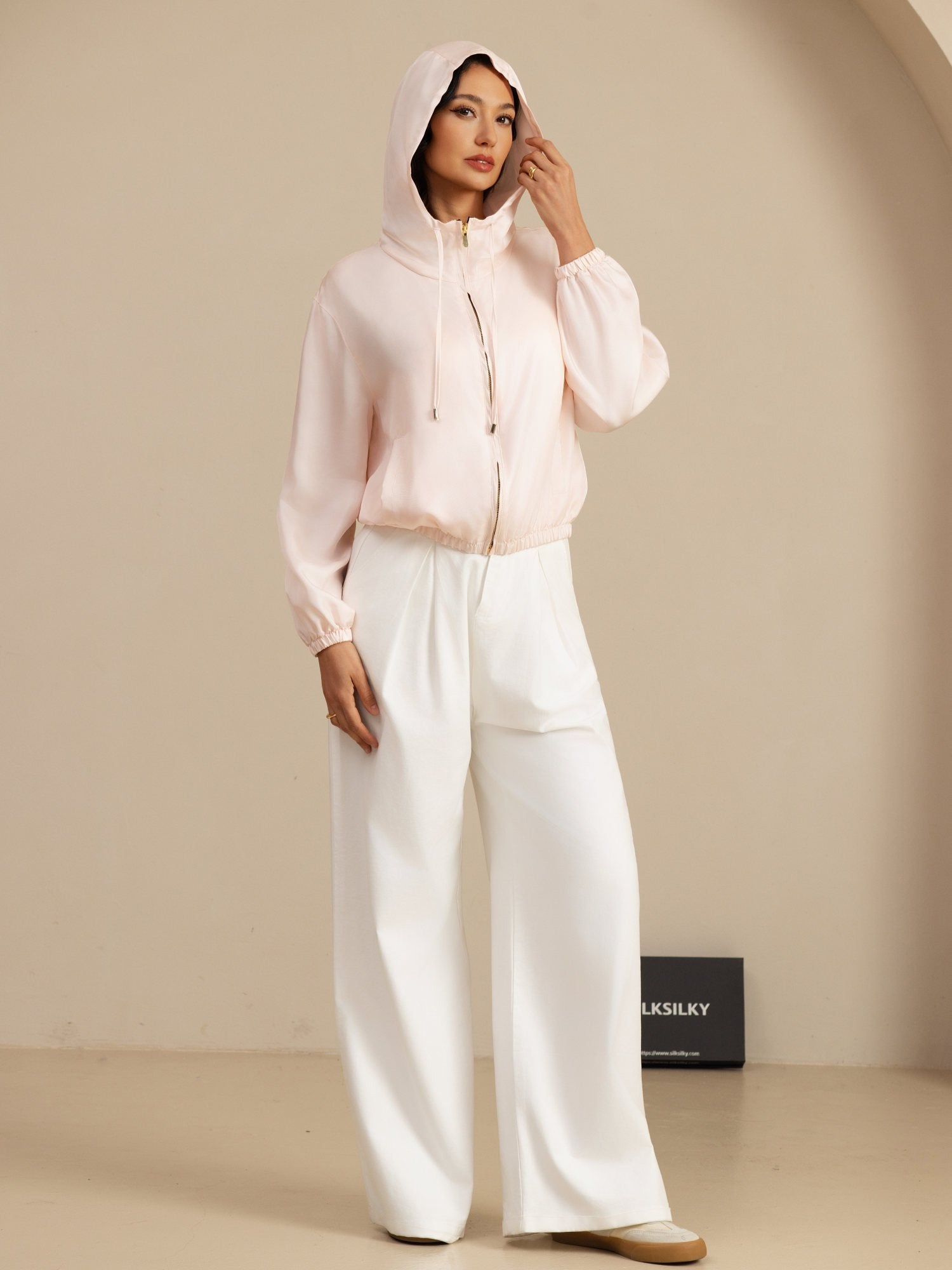 [Rose] SilkSilky-FR 18Momme Manches longues Col Montant Femme Manteaux 007