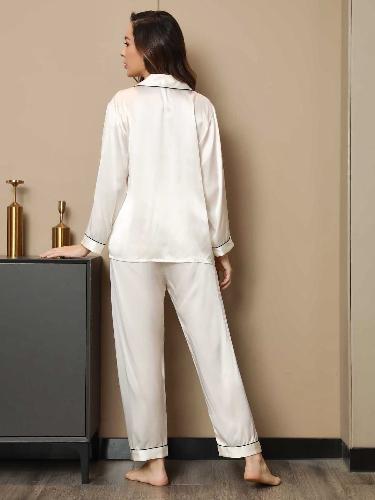 SilkSilky-FR Pure Soie Manches longues Revers Femme Pyjamas Blanc 002