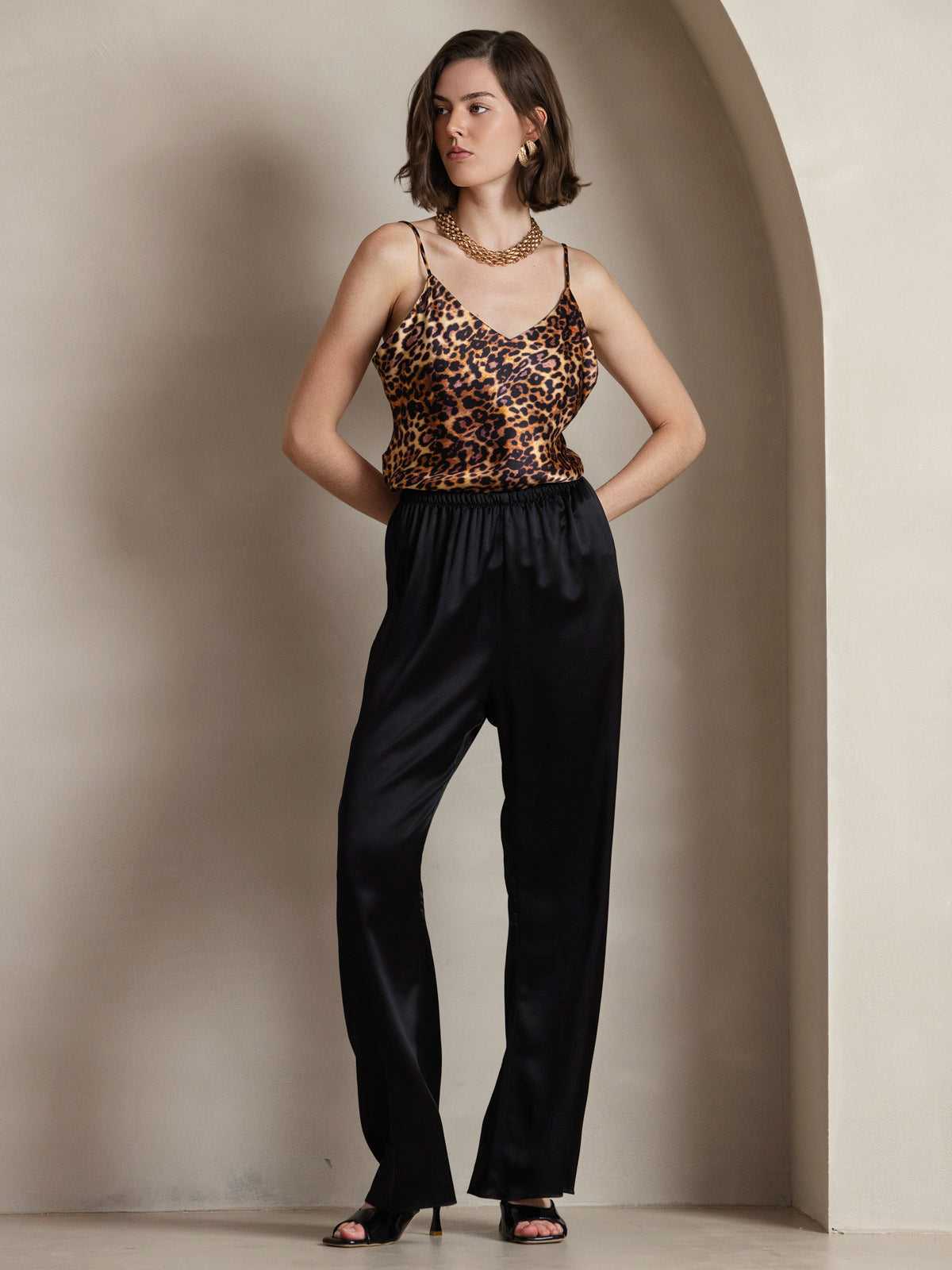 [Leopard] SilkSilky-FR Pure Soie Col en V Top À Fines Brides 005