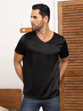 SilkSilky FR Pure Soie Manches courtes Col en V Homme T Shirt Noir 005