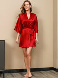 SilkSilky FR Pure Soie Trois quart Nightgown&Robe Set Rouge 003