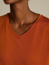 [Orange] SilkSilky-FR Short Sleeve V Neck Femme T-Shirt 004
