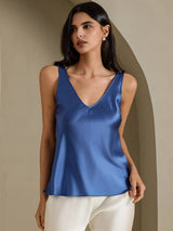 [Bleu Canard Véritable] SilkSilky-FR Sleeveless V Neck Top À Fines Brides 001
