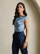 [Bleu Grisâtre] SilkSilky-FR Cap Sleeve Cowl Neck Femme T-Shirt 004