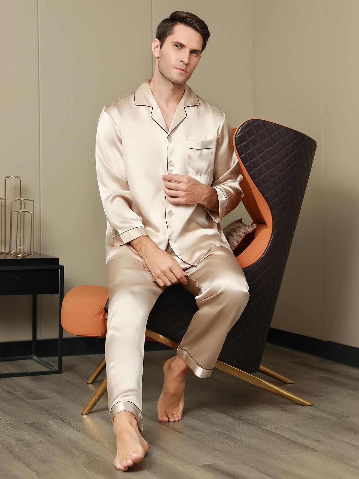 SilkSilky FR Pure Soie Manches longues Revers Homme Pyjamas Tan 001