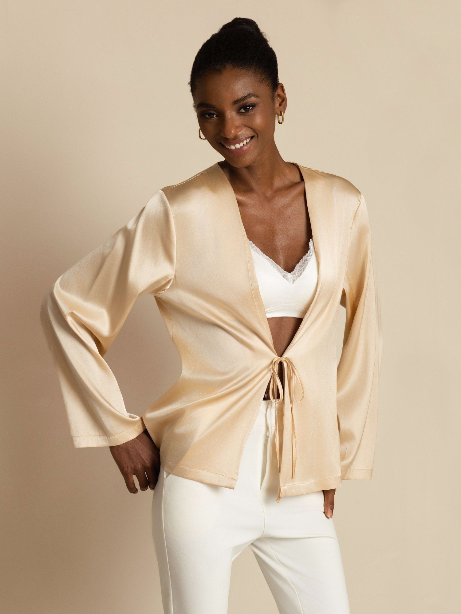 [Champagne] SilkSilky-FR 19Momme Manches longues Femme Manteaux 003