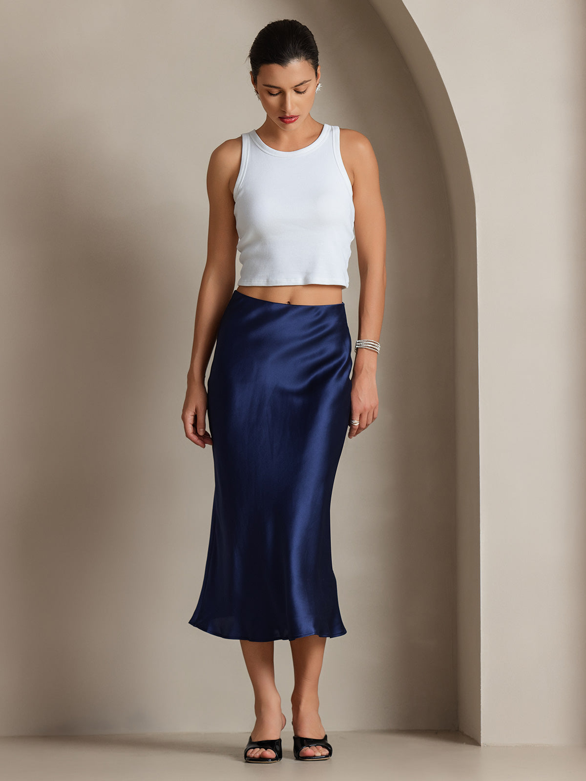 SilkSilky-FR 19Momme Pure Soie Skirt BleuFoncé 005