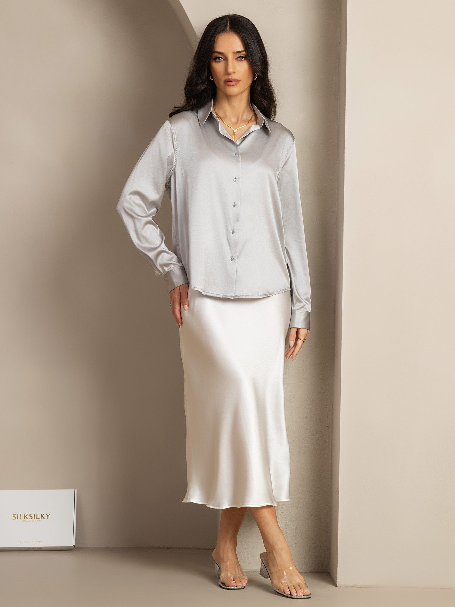[Gris Clair] SilkSilky-FR Soie Col Chemise Femme Chemise 004