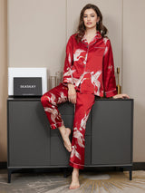 [Rouge Foncé] SilkSilky-FR Long Sleeve Lapel Collar Femme Pyjamas 001