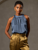 [Bleu Canard Véritable] SilkSilky-FR Sleeveless Halter Femme T-Shirt 001