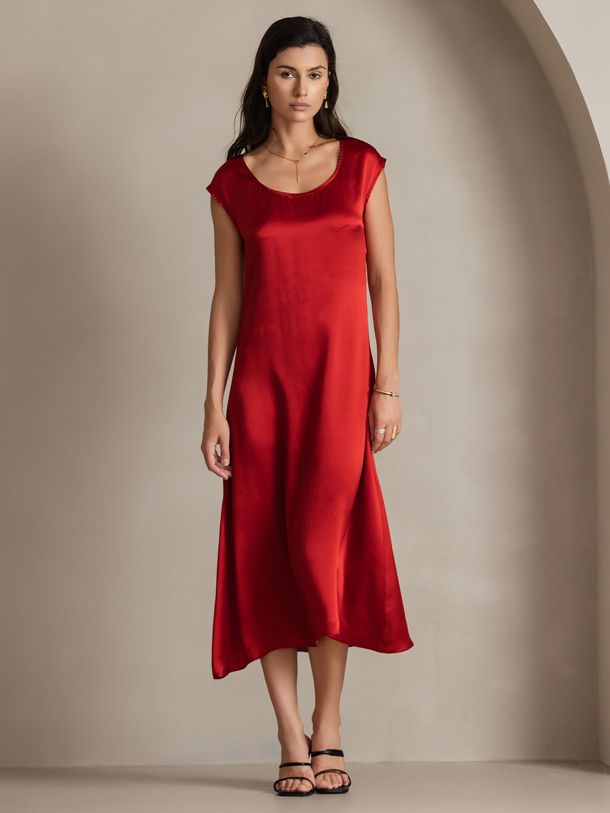 [Rouge Vineux] SilkSilky-FR 19Momme Soie Col Rond Robes 003