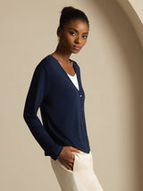 [Bleu Foncé] SilkSilky-FR Long Sleeve Cardigan Femme 005