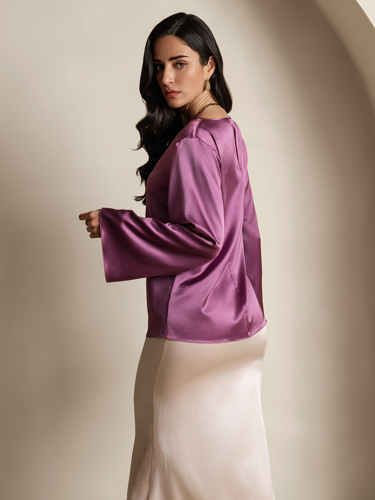 [Violet Foncé] SilkSilky-FR 19Momme Manches longues Col Bateau Blouse 002