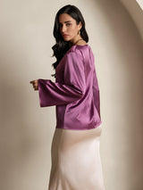 [Violet Foncé] SilkSilky-FR Long Sleeve Boat Neck Blouse 002