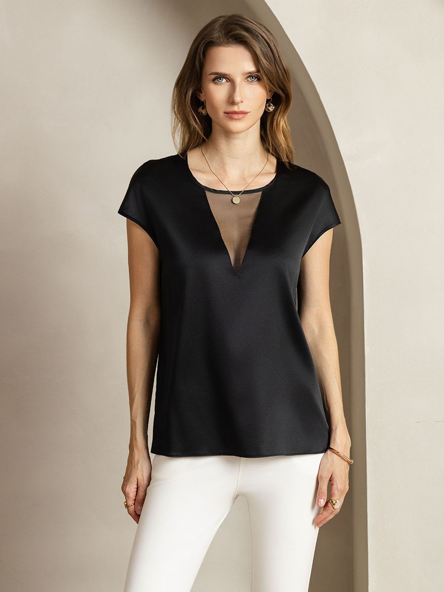 [Noir] SilkSilky-FR 19Momme Soie Womens T-Shirt 001