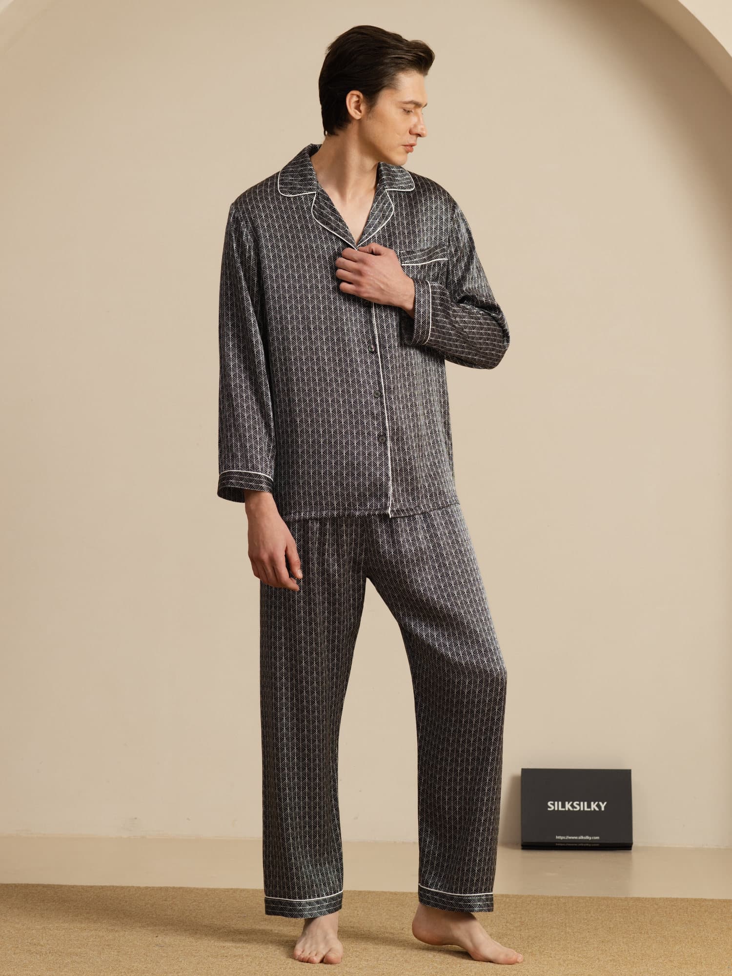 [Ginkgo Noir] SilkSilky-FR 19Momme Manches longues Homme Pyjamas 006