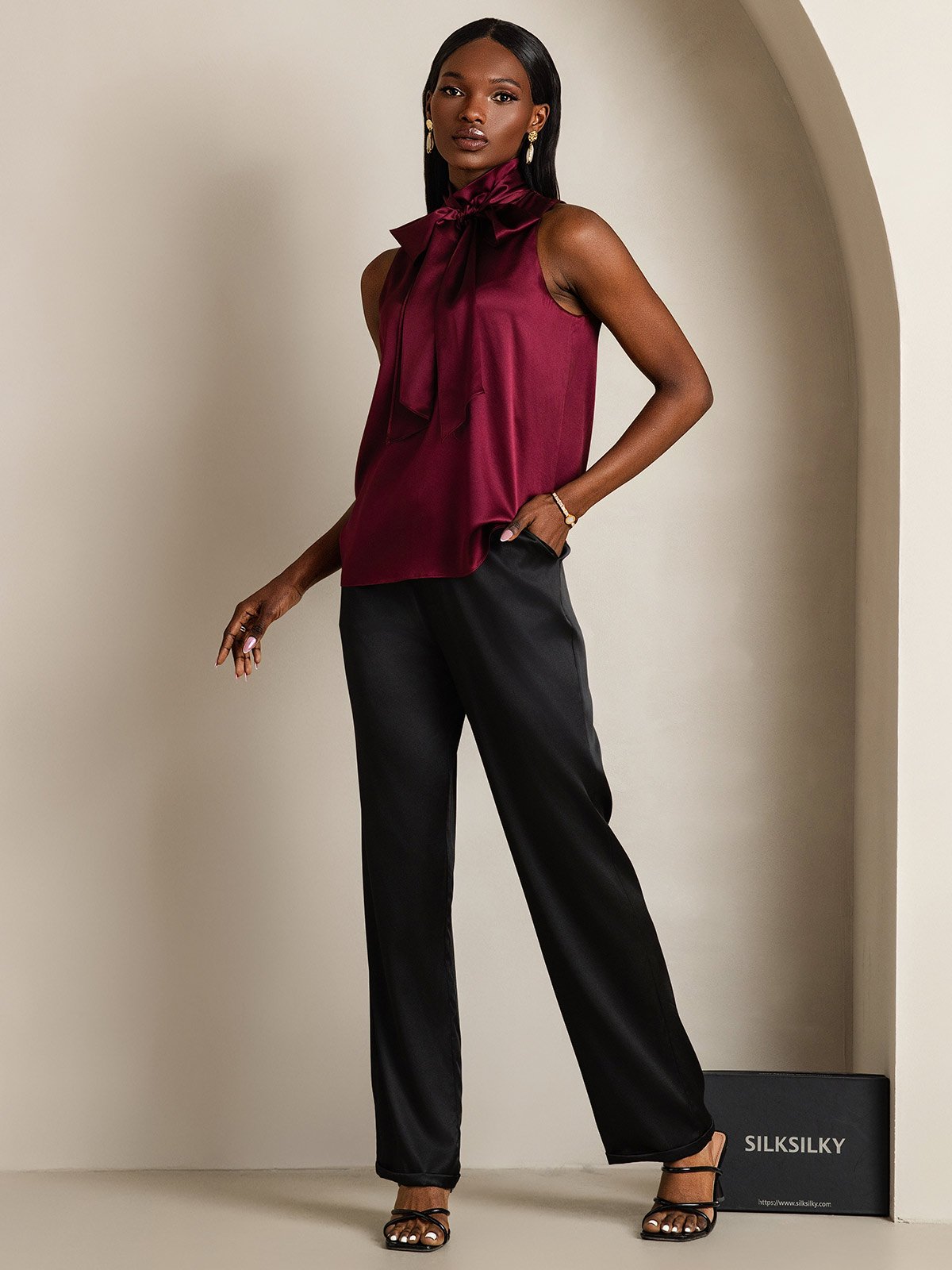 SilkSilky-FR 19Momme Soie Nœud à l'encolure Femme Chemise RougeFoncé 006