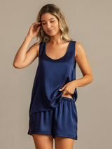[Bleu Foncé] SilkSilky-FR 19Momme Sans manches Encolure Dégagée Femme Pyjamas 007