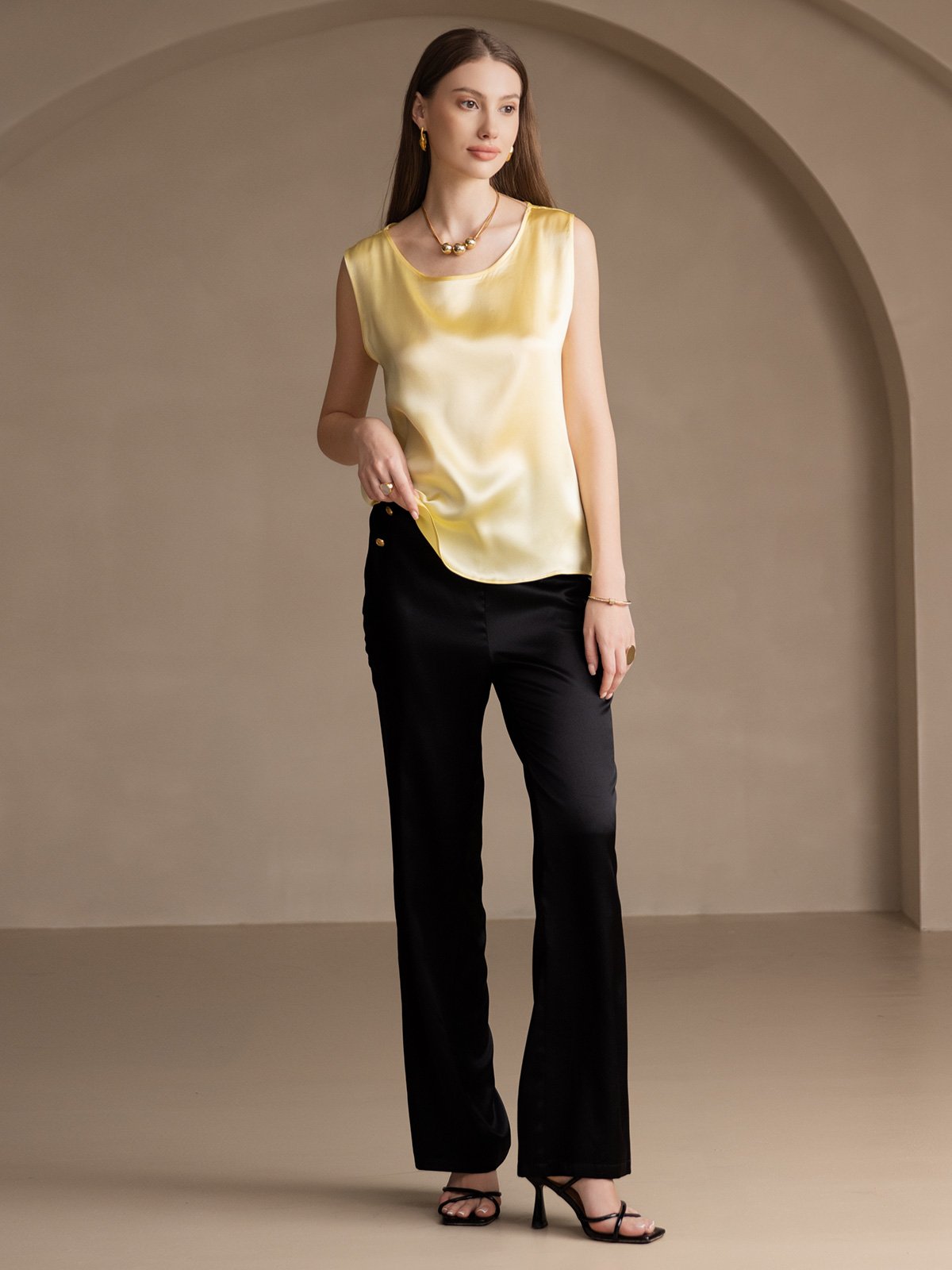 [Jaune Clair] SilkSilky-FR 19Momme Sans manches Col Rond Top À Fines Brides 006