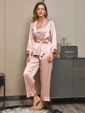 SilkSilky FR Pure Soie Manches longues Revers Femme Pyjamas Rose 004