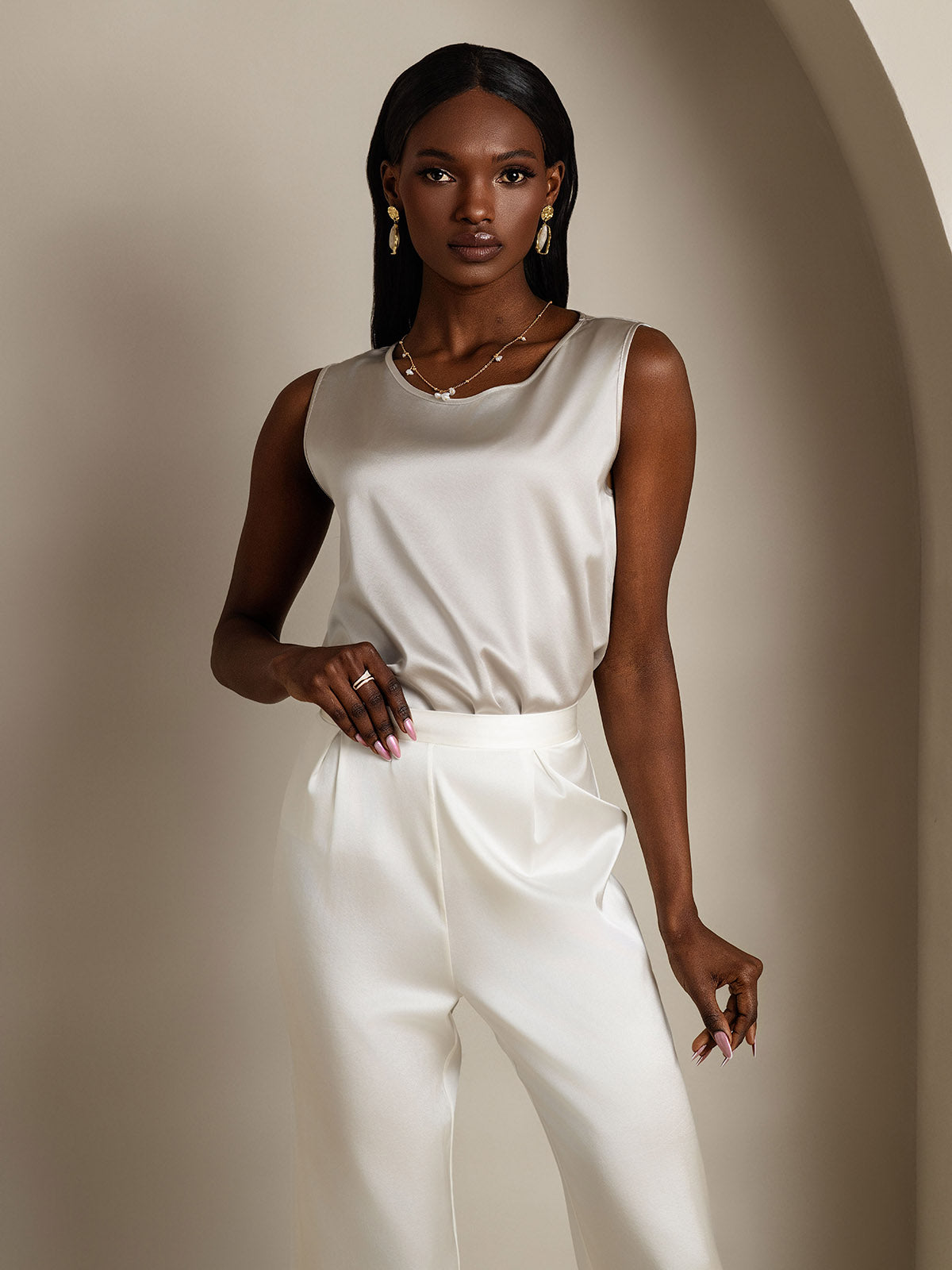 [Gris Clair] SilkSilky-FR 19Momme Sans manches Col Rond Top À Fines Brides 006