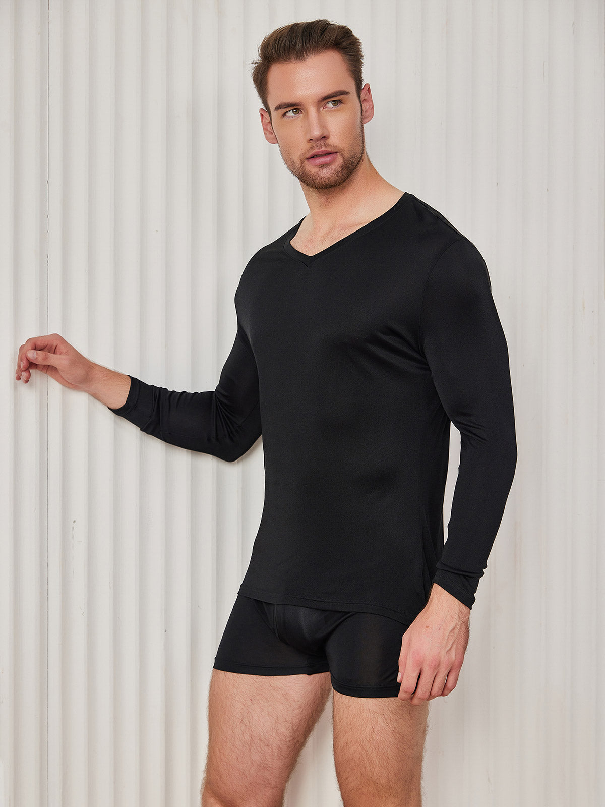 SilkSilky FR Soie Tricotée Manches longues Col en V Homme T Shirt Noir 001