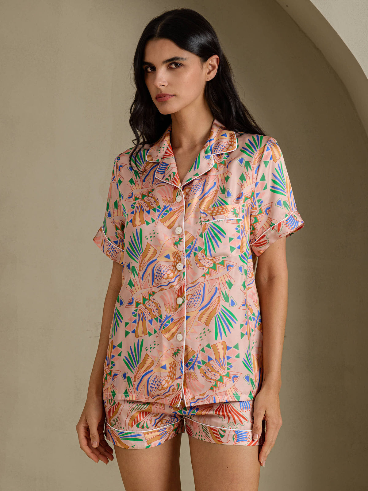 [Faune Rose] SilkSilky-FR Short Sleeve Notch Collar Femme Pyjamas 001