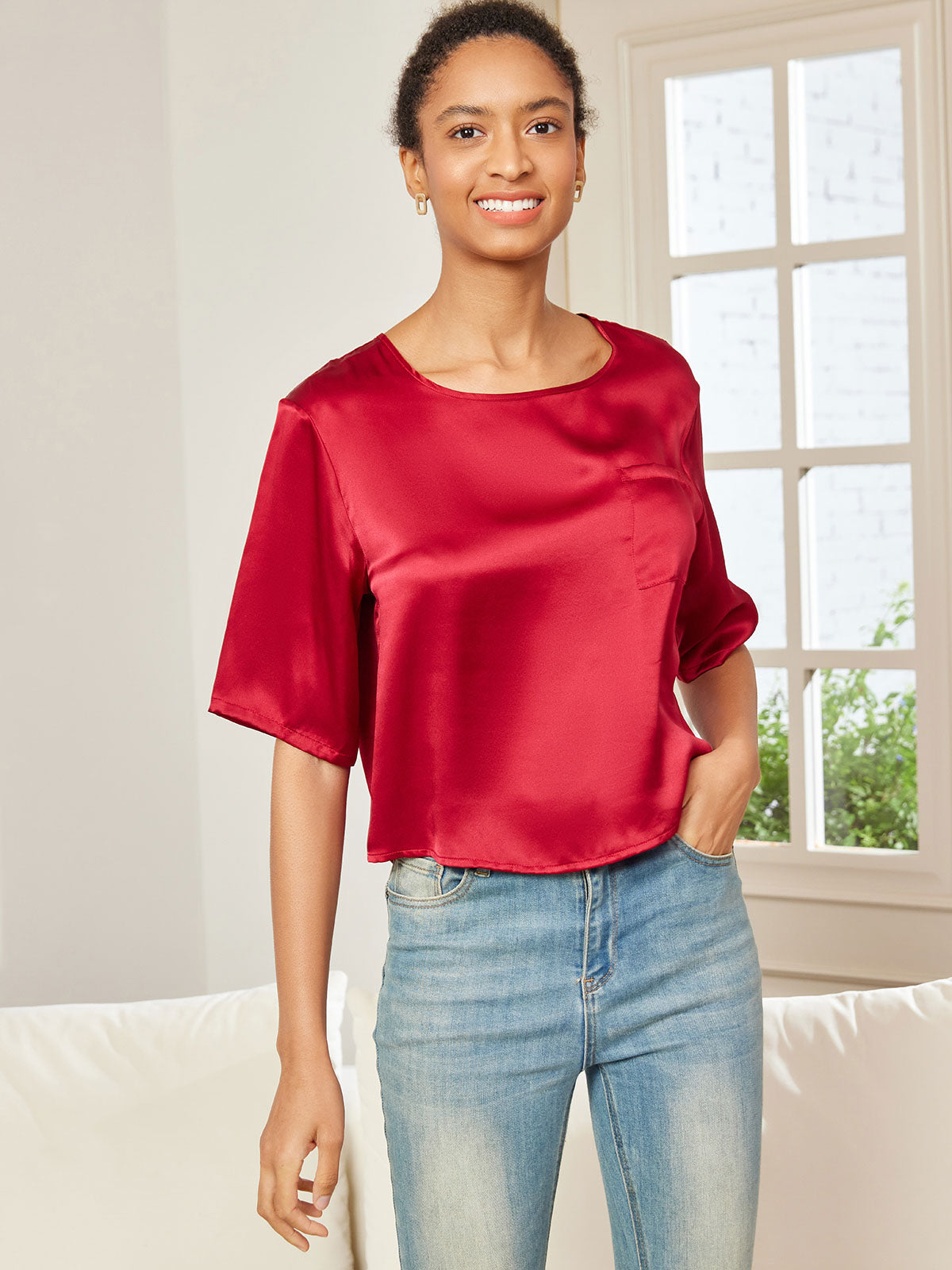 [Rouge Foncé] SilkSilky-FR Pure Soie Manches mi-longues Col Bateau Femme T-Shirt 004