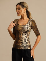 [Tigre] SilkSilky-FR Manches mi-longues Encolure Dégagée Femme T-Shirt 003