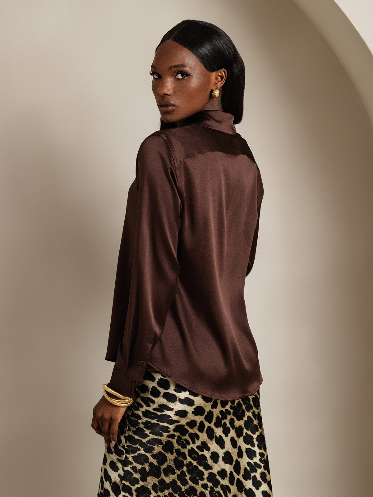 [Chocolat Noir] SilkSilky-FR 19Momme Manches longues Col à Revers Femme Chemise 002