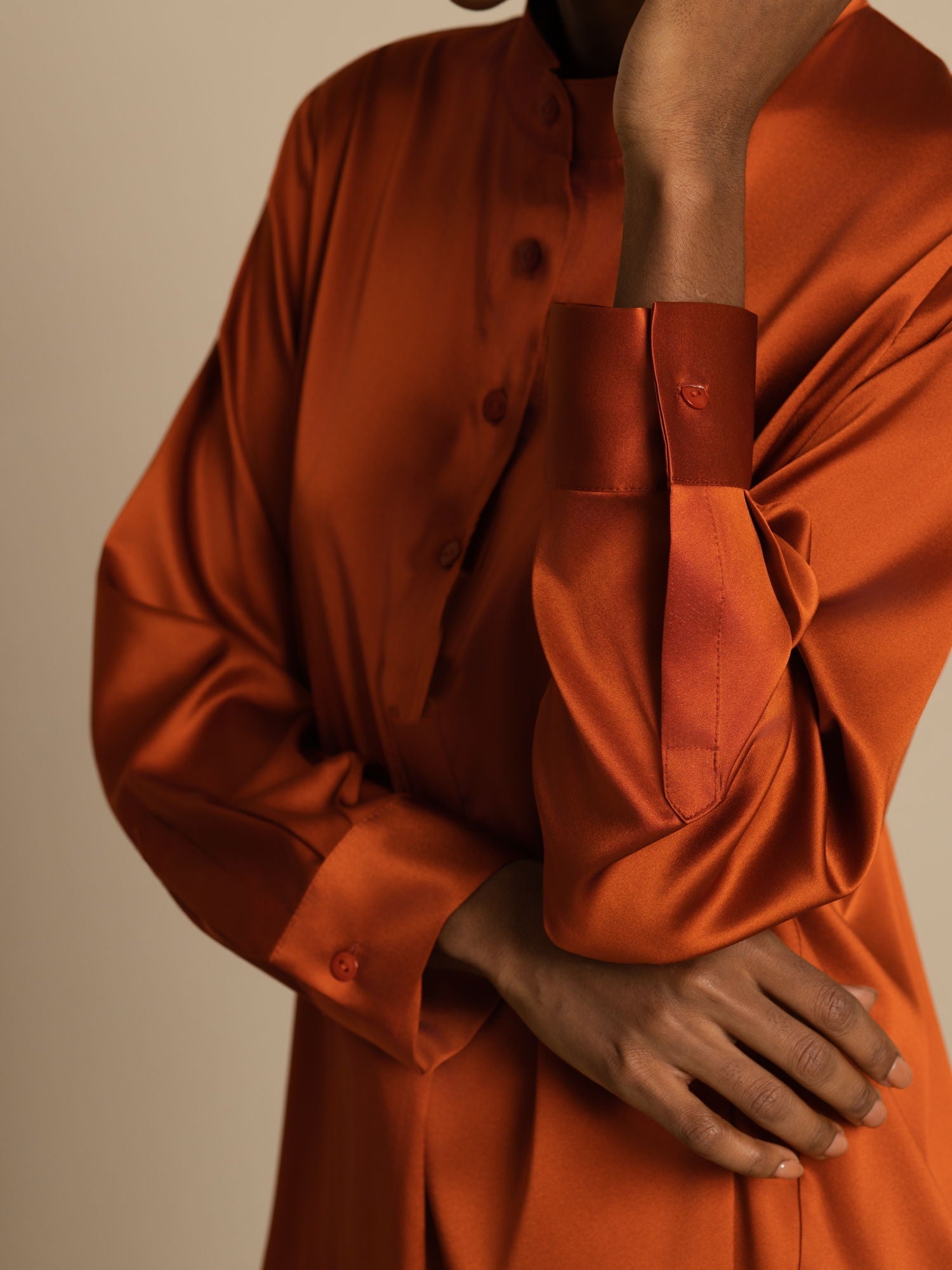 [Caramel] SilkSilky-FR 19Momme Soie Manches longues Col Montant Blouse 005