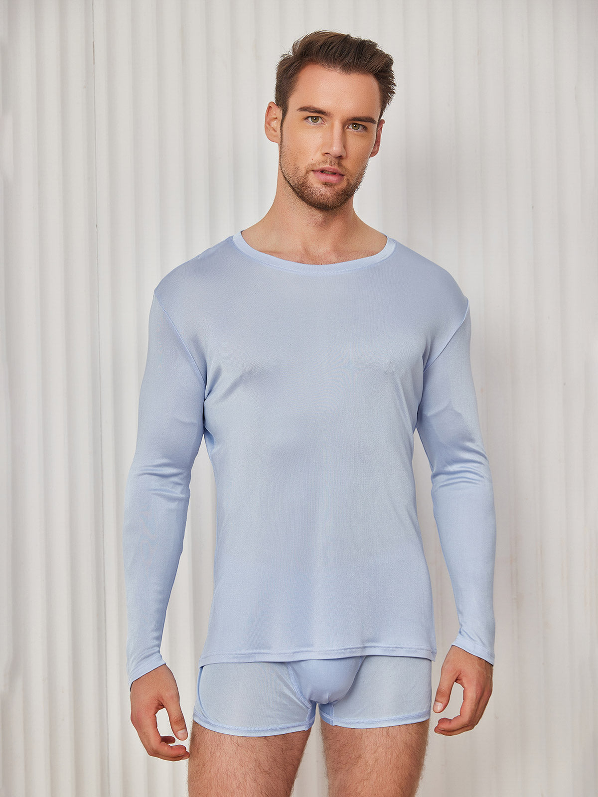 [Bleu Clair] SilkSilky-FR Soie Tricotée Col Rond Homme T-Shirt 001