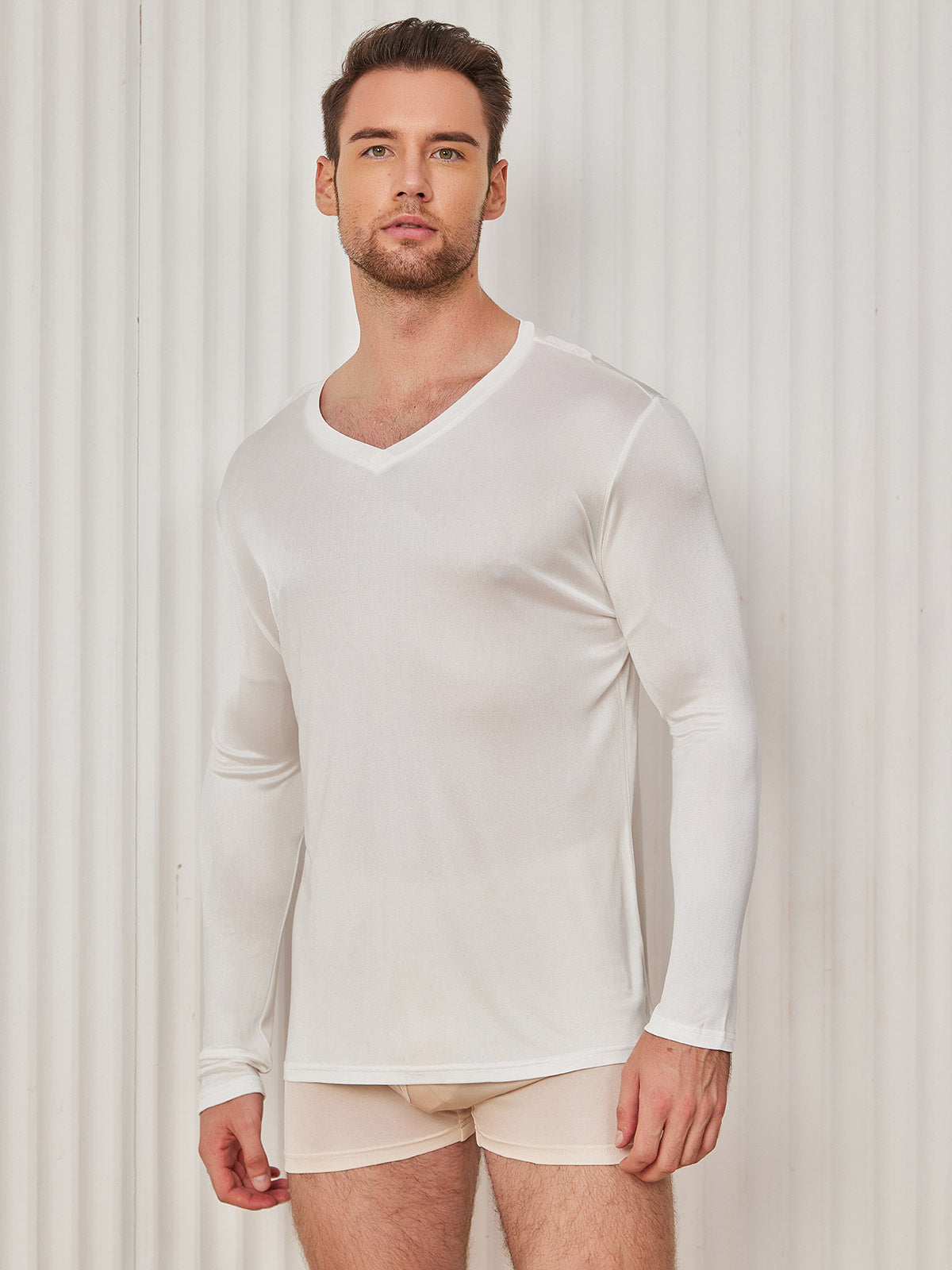 SilkSilky FR Soie Tricotée Manches longues Col en V Homme T Shirt Blanc 001