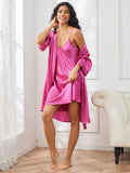 SilkSilky FR Pure Soie Trois quart Nightgown&Robe Set RoseRouge 004