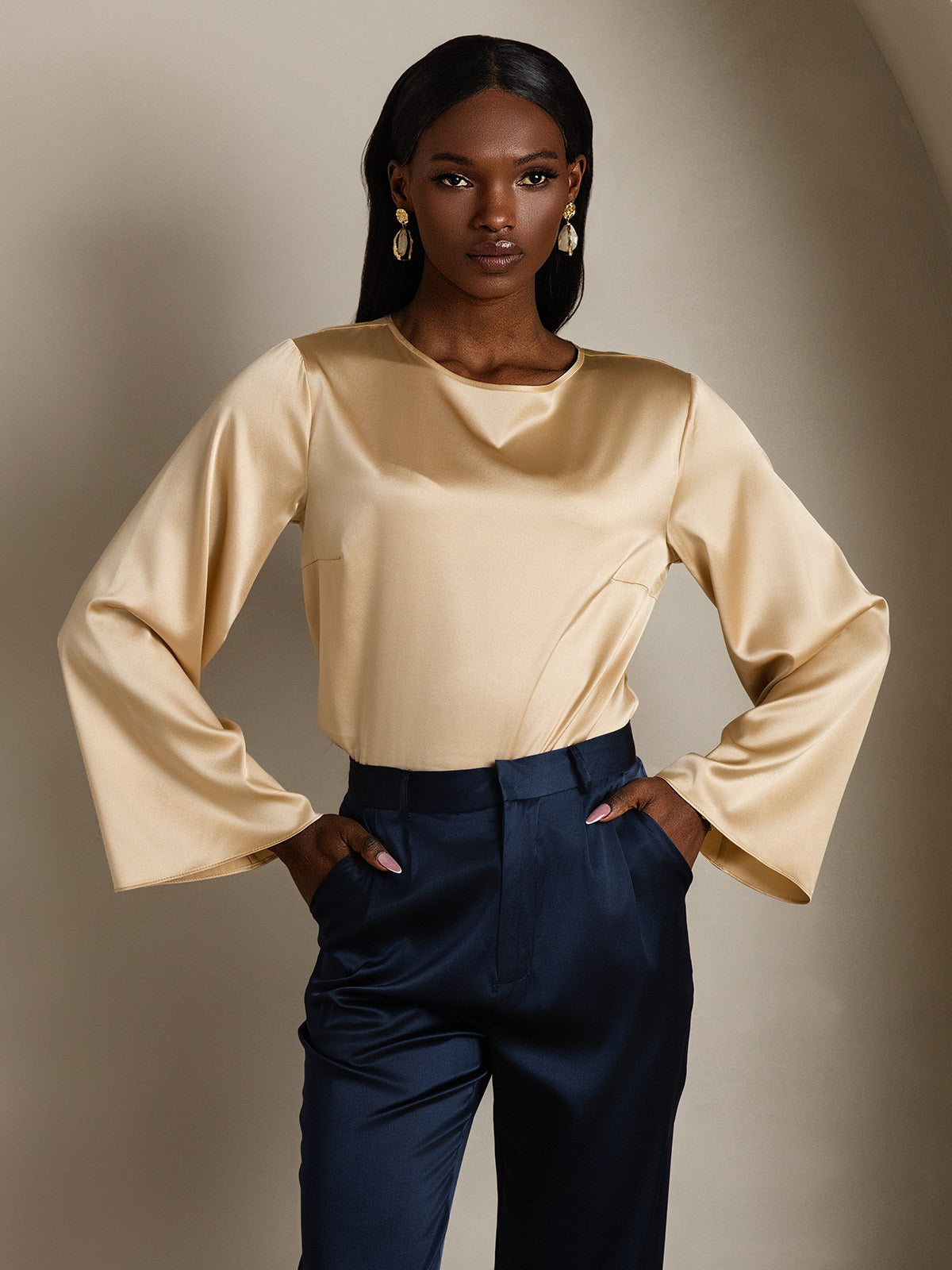 [Champagne] SilkSilky-FR 19Momme Soie Col Rond Femme T-Shirt 002