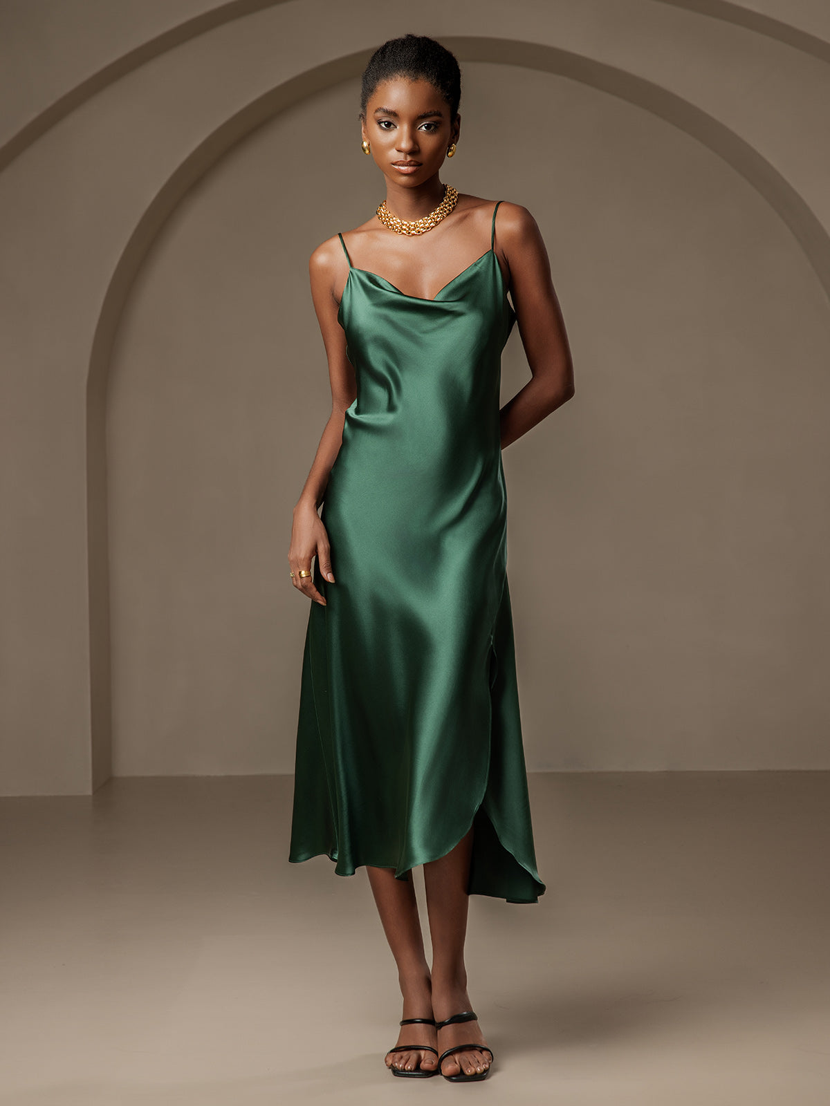 [Vert Foncé] SilkSilky-FR 19Momme Pure Soie Col Bénitier Robes 001