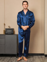 [Bleu Foncé] SilkSilky-FR Manches longues Col Cranté Homme Pyjamas 004