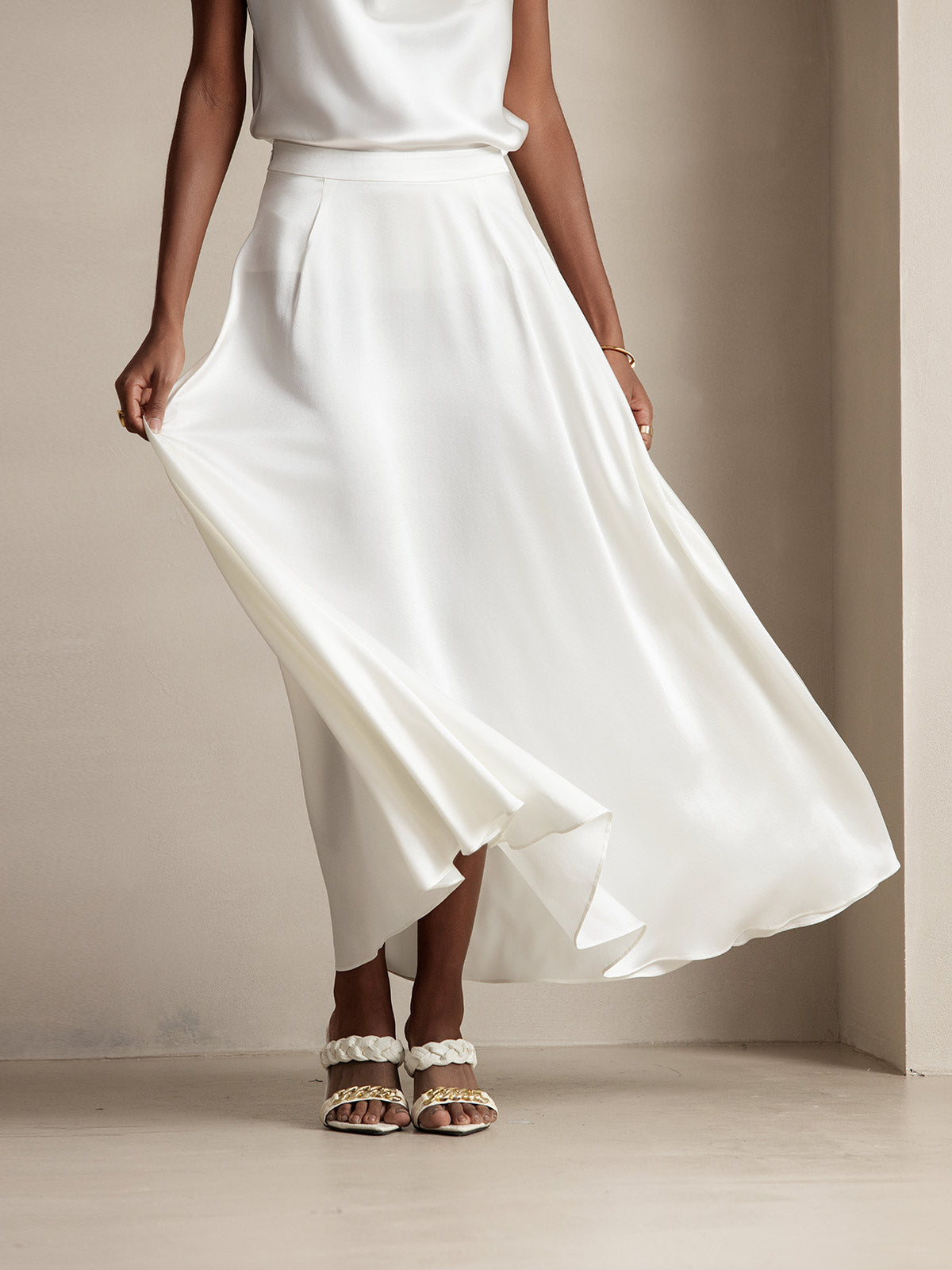 [Blanc] SilkSilky-FR 19Momme Soie Skirt 003