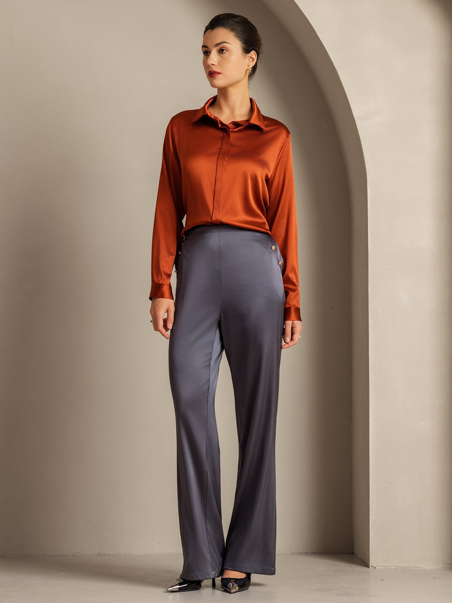 [Caramel] SilkSilky-FR 19Momme Soie Manches longues Col Chemise Femme Chemise 009